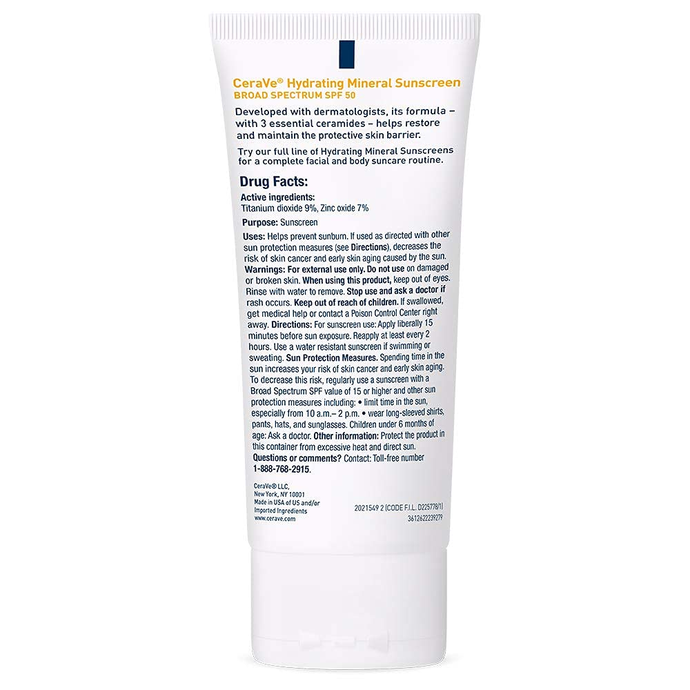 CeraVe 100% Mineral Sunscreen SPF 50 | Face Sunscreen with Zinc Oxide & Titanium Dioxide for Sensitive Skin | With Hyaluronic Acid, Niacinamide, and Ceramides | 2.5 oz - 24hrsmart