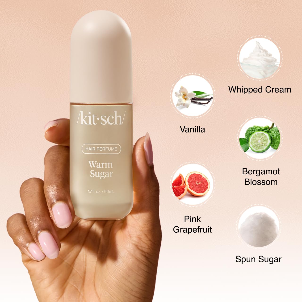 Kitsch Warm Sugar Hair Perfume For Women - Clean, Deodorizing, and Patented Odor-Eliminating Technology, Body Mist - Freshen Hair, Body & Pillows - Sweet Pink Grapefruit & Warm Vanilla Scent - 50ml 24Hr Smart
