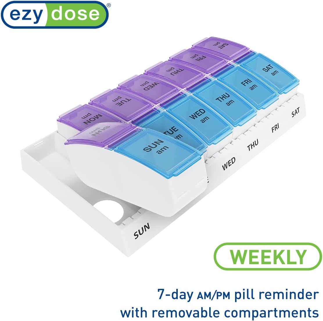 Ezy Dose Weekly (7-Day) AM/PM Pill Organizer, Vitamin and Medicine Box, Small Pop-out Compartments, 2 Times a Day, Blue and Purple Lids