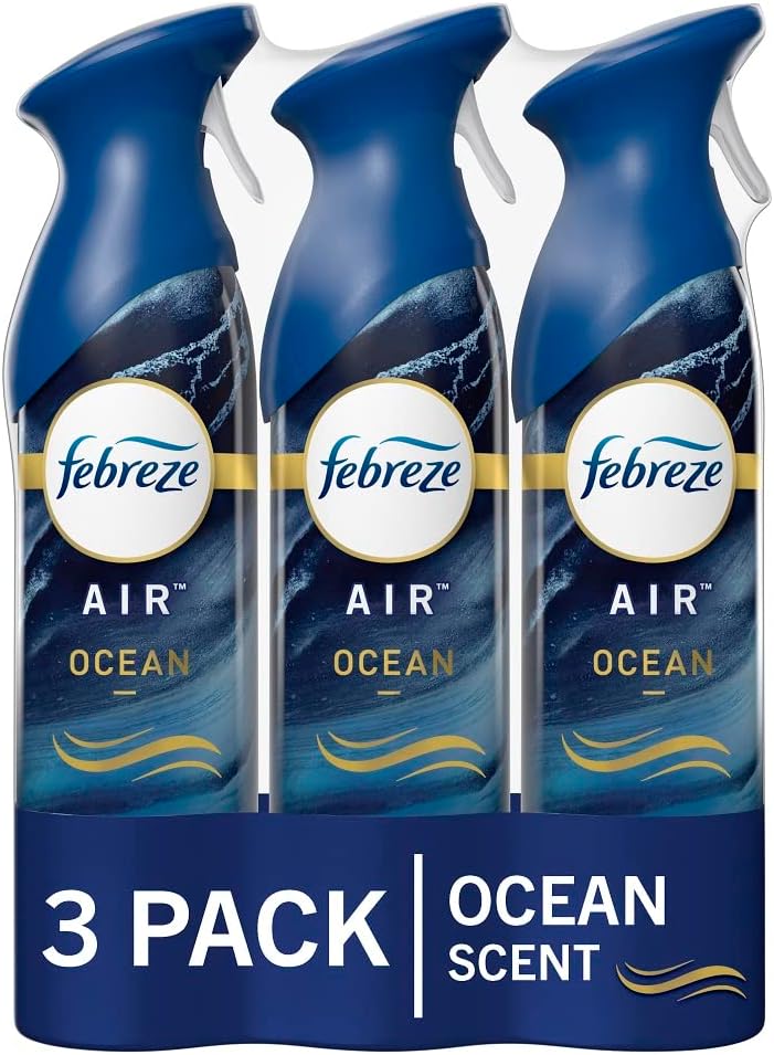 Febreze Air Freshener Spray, Air Fresheners For Bathroom, Ocean Scent, Air Refresher Spray, Bathroom Spray, Odor Fighter for Strong Odor, 8.8 oz (Pack of 3) 24Hr Smart