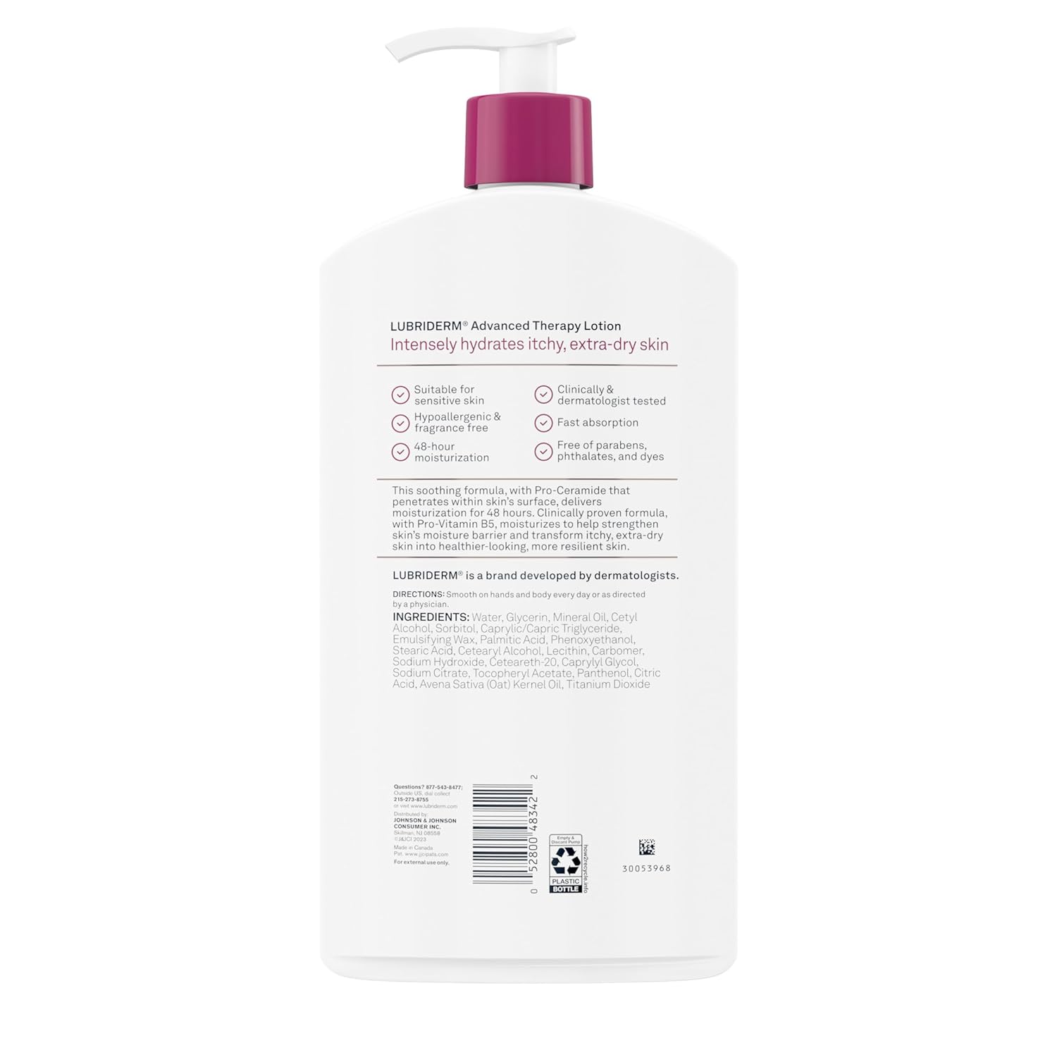 Lubriderm Advanced Therapy Fragrance Free Moisturizing Hand & Body Lotion + Pro-Ceramide with Vitamins E & Pro-Vitamin B5, Intense Hydration for Itchy, Extra Dry Skin, Non-Greasy, 32 fl. oz - 24hrsmart