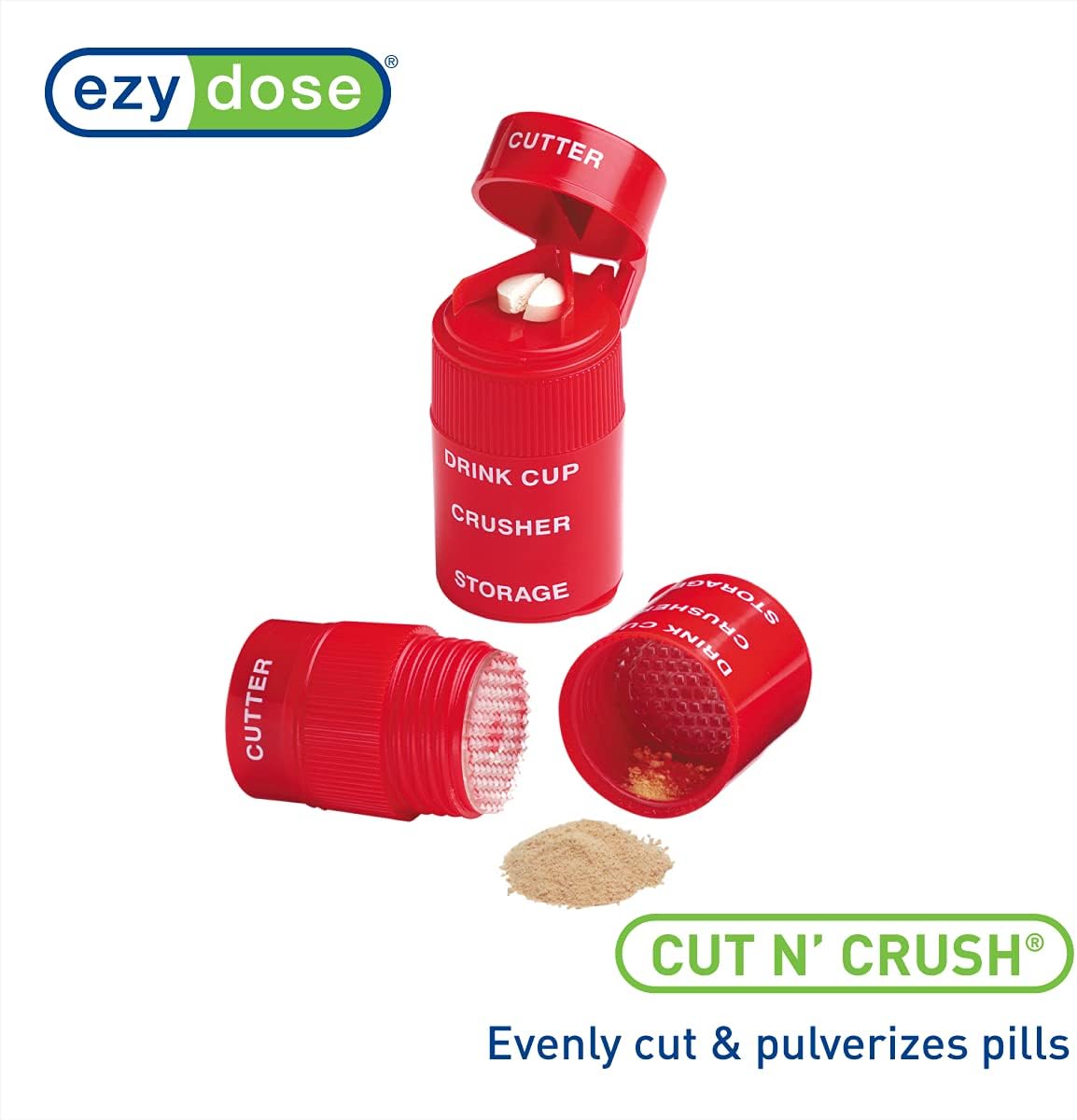 Ezy Dose Pill Crusher, Cutter and Grinder, Crushes Pills, Vitamins, Tablets, Stainless Steel Blade, Removable Drinking Cup, Red - 24hrsmart