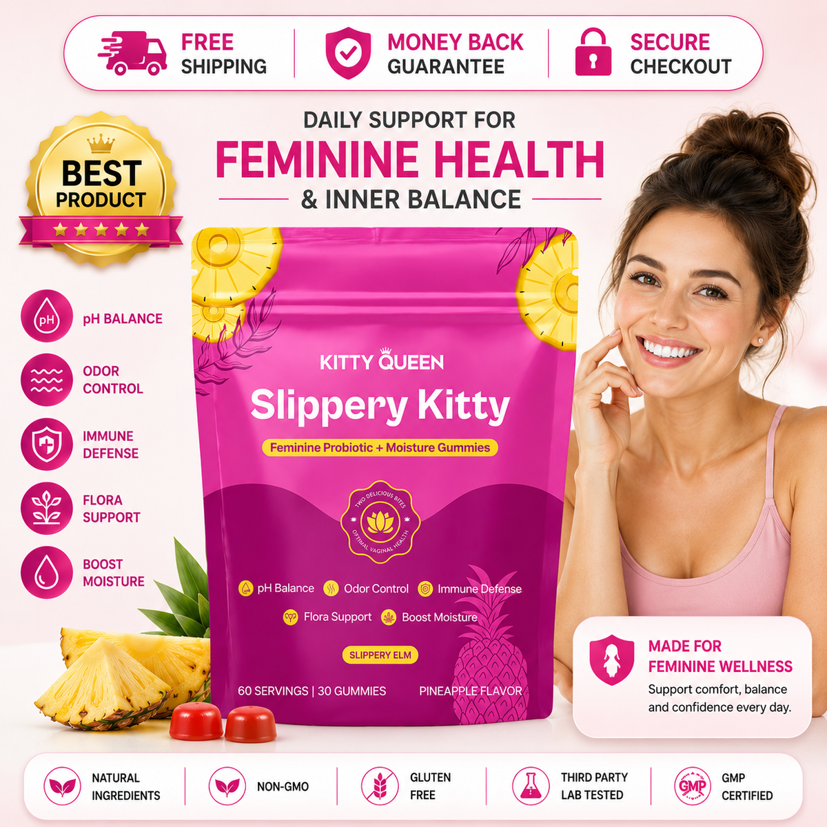 Kitty Queen Slippery Kitty Feminine Probiotic and Moisture Gummies for Women