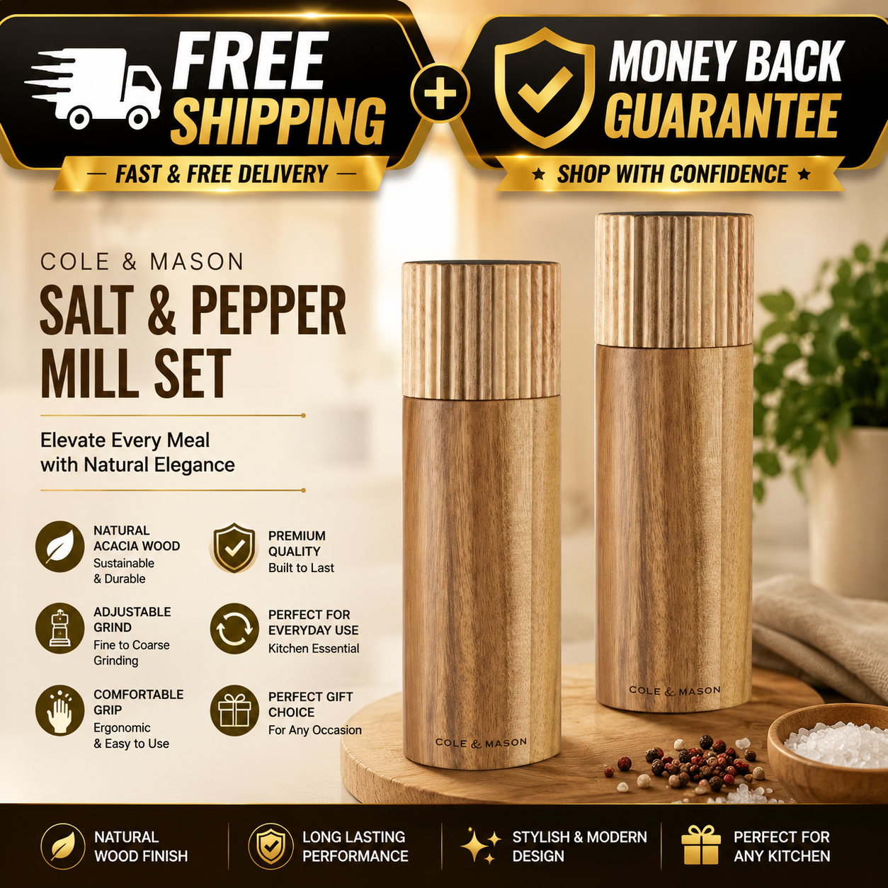 Cole & Mason Galloway Ribbed Salt and Pepper Shaker Set - 24hrsmart