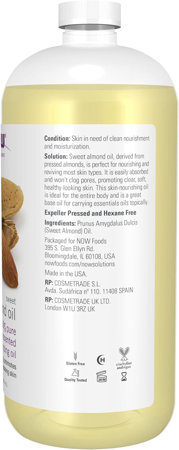 NOW Solutions, Sweet Almond Oil, 100% Pure Moisturizing Oil, Promotes Healthy-Looking Skin, Unscented Oil, 32-Ounce - 24hrsmart