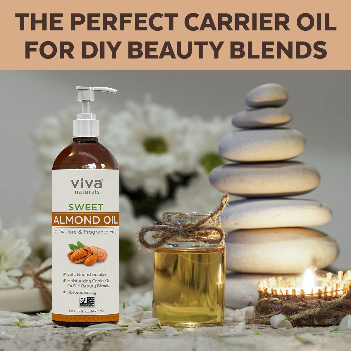 Viva Naturals Sweet Almond Oil - 100% Pure Hair and Skin Softener, Non-Greasy for Massage, Carrier Oil for Essential Oils and DIY Beauty Blends, Expeller-Pressed Almond Oil for Body, Non-GMO, 16 fl oz - 24hrsmart