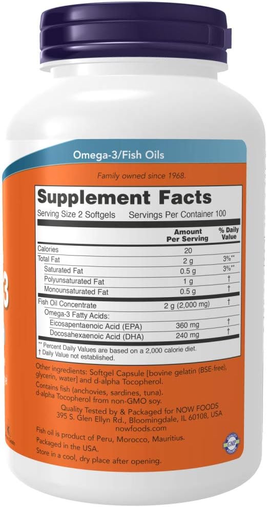 NOW Foods Omega 3 Fish Oil, 1000 mg, 200 Softgels 24Hr Smart