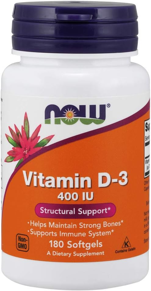 NOW Foods Vitamin D-3, 400 IU, 180 Softgels 24Hr Smart