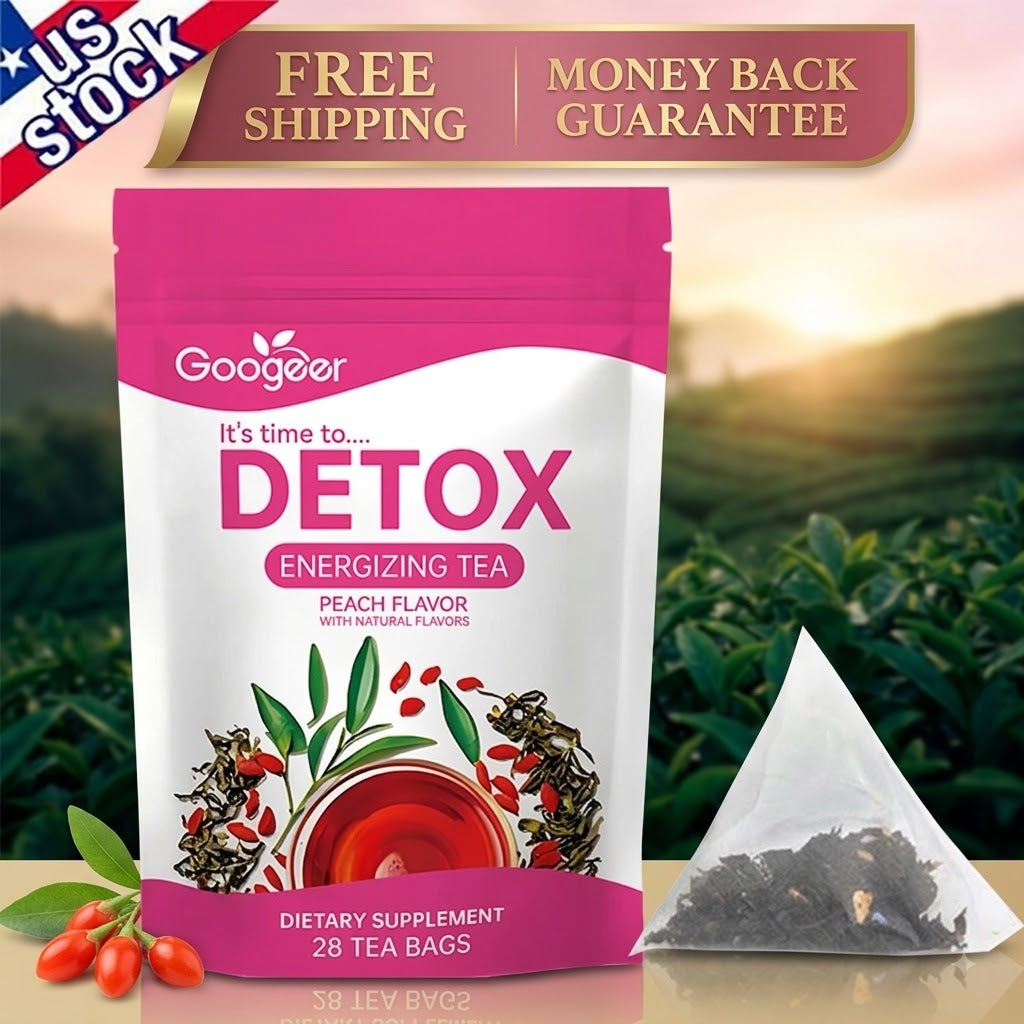 Googeer Detox Energizing Tea in a white and pink stand-up pouch, shown with a triangular tea bag and goji berries on a green tea plantation background with promotional text banners at the top.