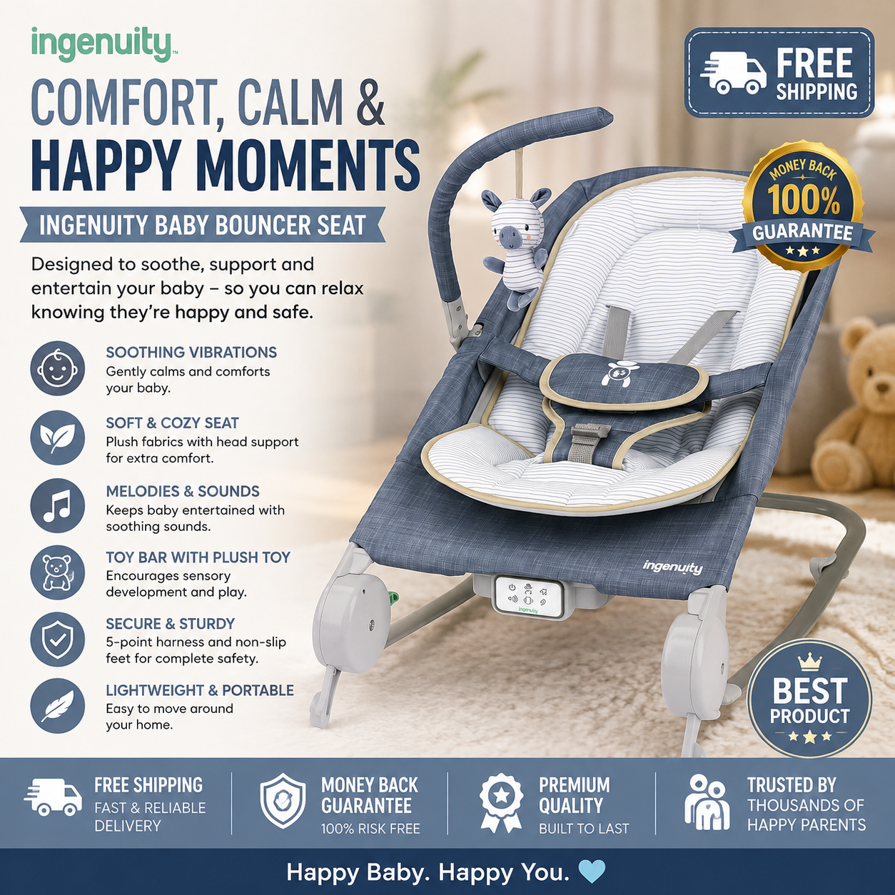 Ingenuity Happy Belly Rock-to-Bounce Massage Seat - Chambray
