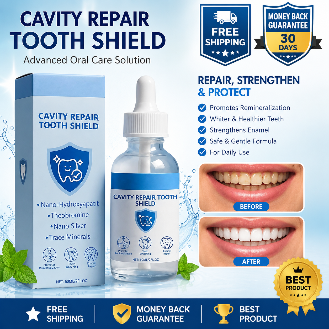 Dentite Cavity Healing Tooth Armor Liquid,Nano Hydroxyapatite Tooth Repair Serum, 2 fl oz - 24hrsmart