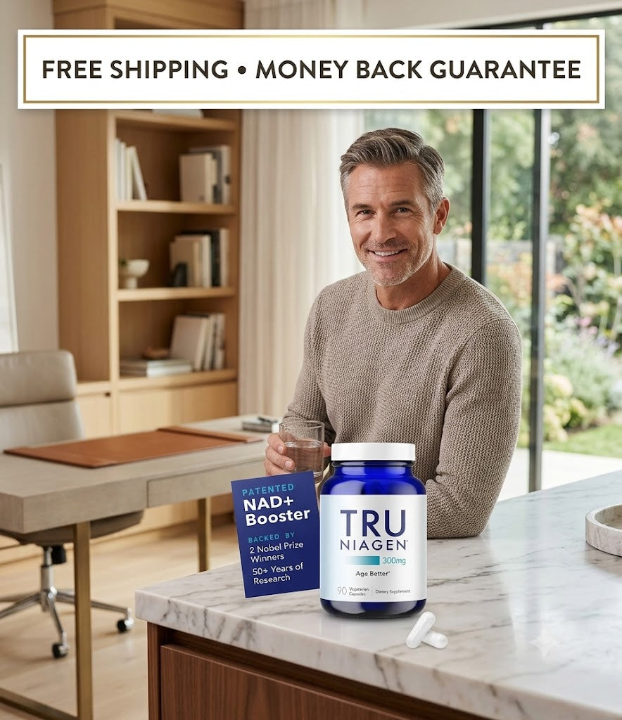 A smiling man sitting near a Tru Niagen NAD+ Booster supplement bottle on a table with promotional text overlay.