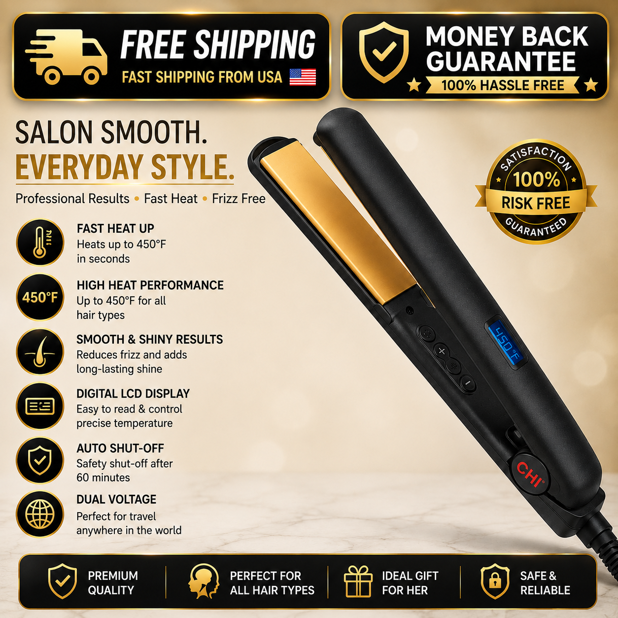 A CHI salon smooth hair straightener shown on a beige promotional background with feature callouts, shipping guarantee text, and a satisfaction badge. The product is black with a gold interior plate and a blue CHI logo.