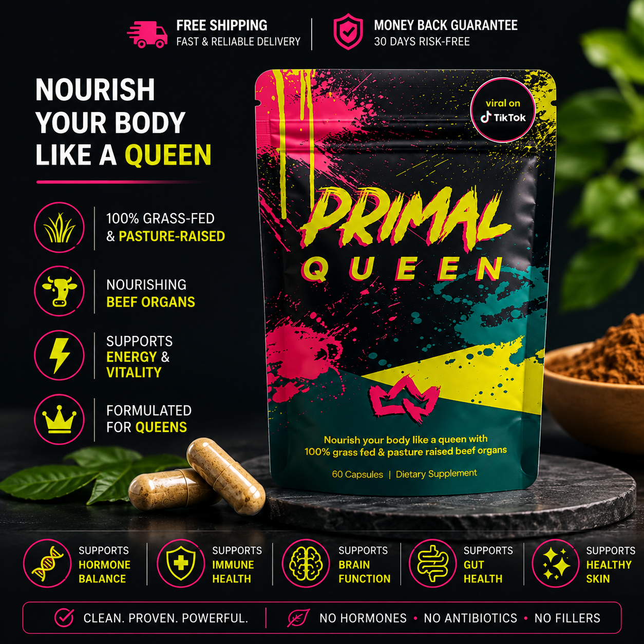 Primal Queen women’s wellness supplement featuring grass-fed beef organs, hormone balance, energy support, immune health, and healthy skin benefits.
