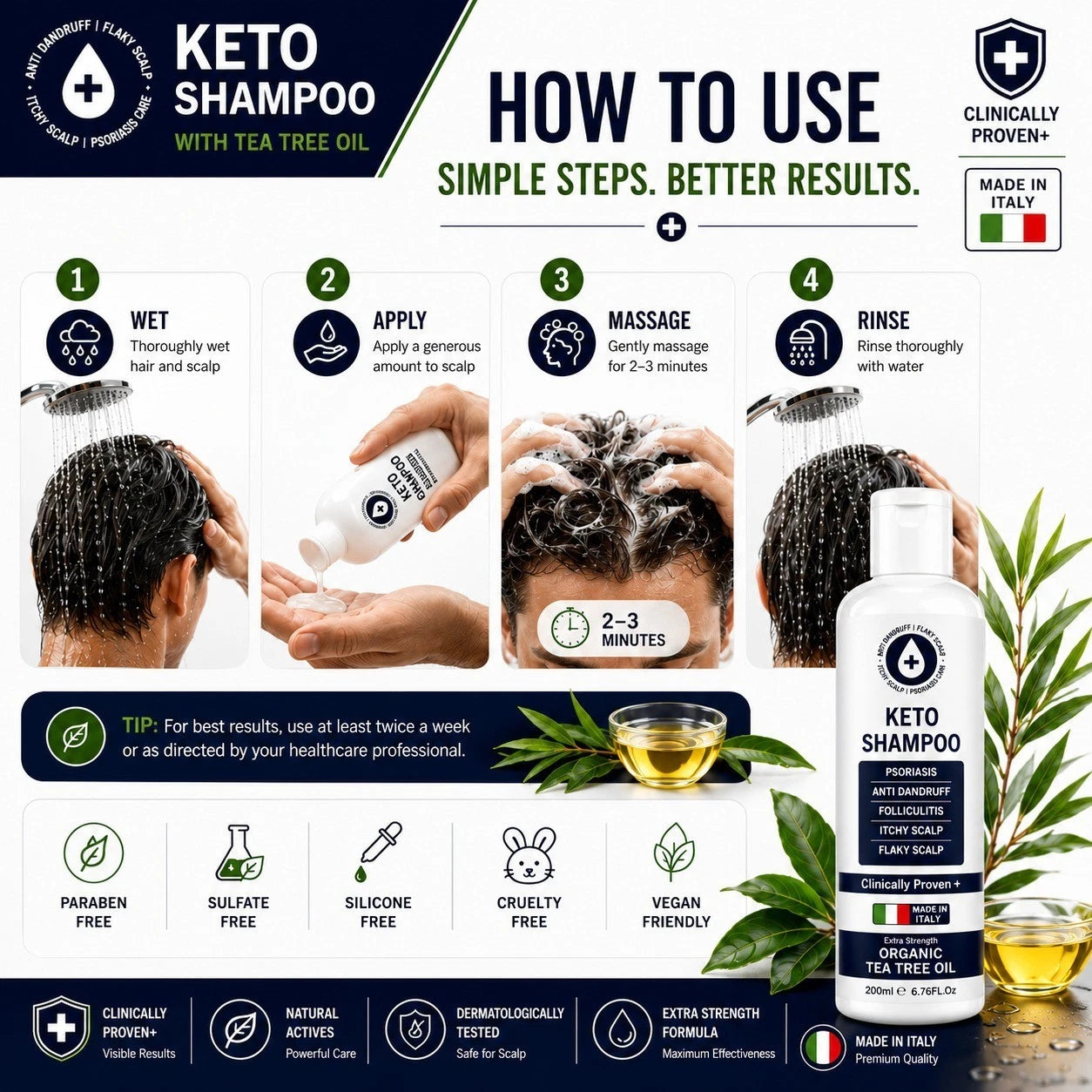 Keto Shampoo Tea Tree Oil Anti Dandruff Shampoo for Itchy Flaky Dry Scalp 200ml - 24hrsmart