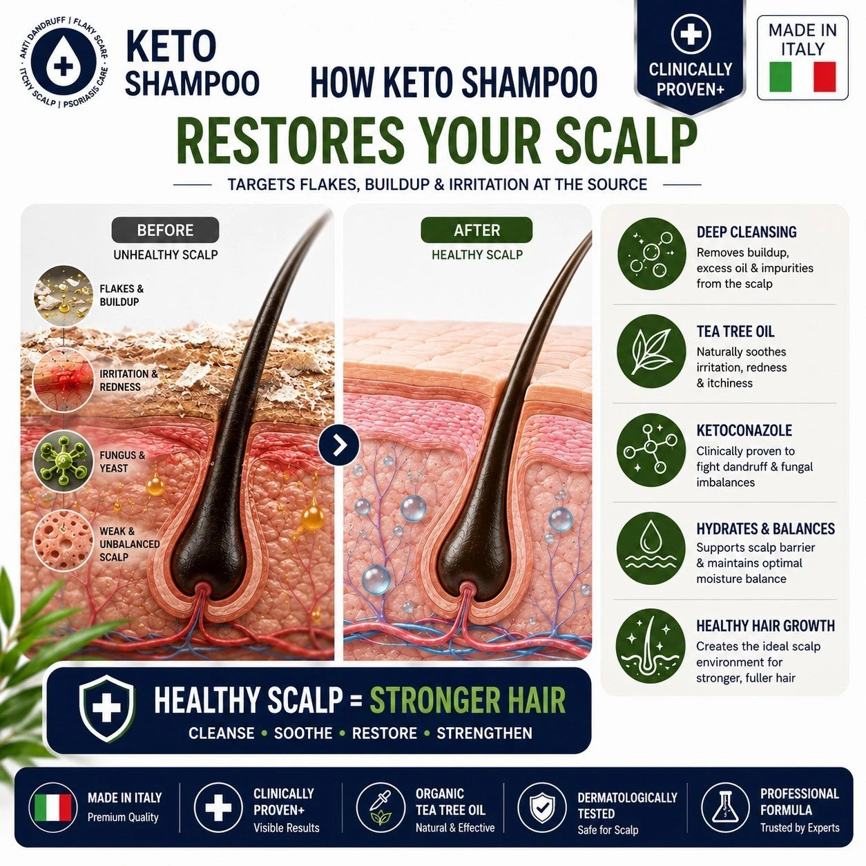 Keto Shampoo Tea Tree Oil Anti Dandruff Shampoo for Itchy Flaky Dry Scalp 200ml - 24hrsmart