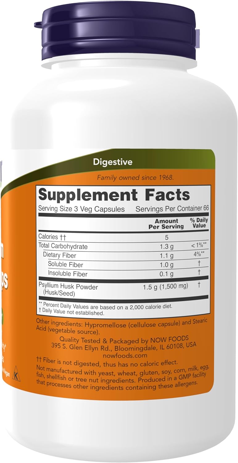 NOW Foods Psyllium Husk, 500 mg, 200 Capsules 24Hr Smart