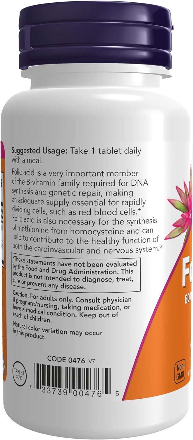 NOW Foods Folic Acid, 800 mcg with Vitamin B-12, 250 Tablets 24Hr Smart