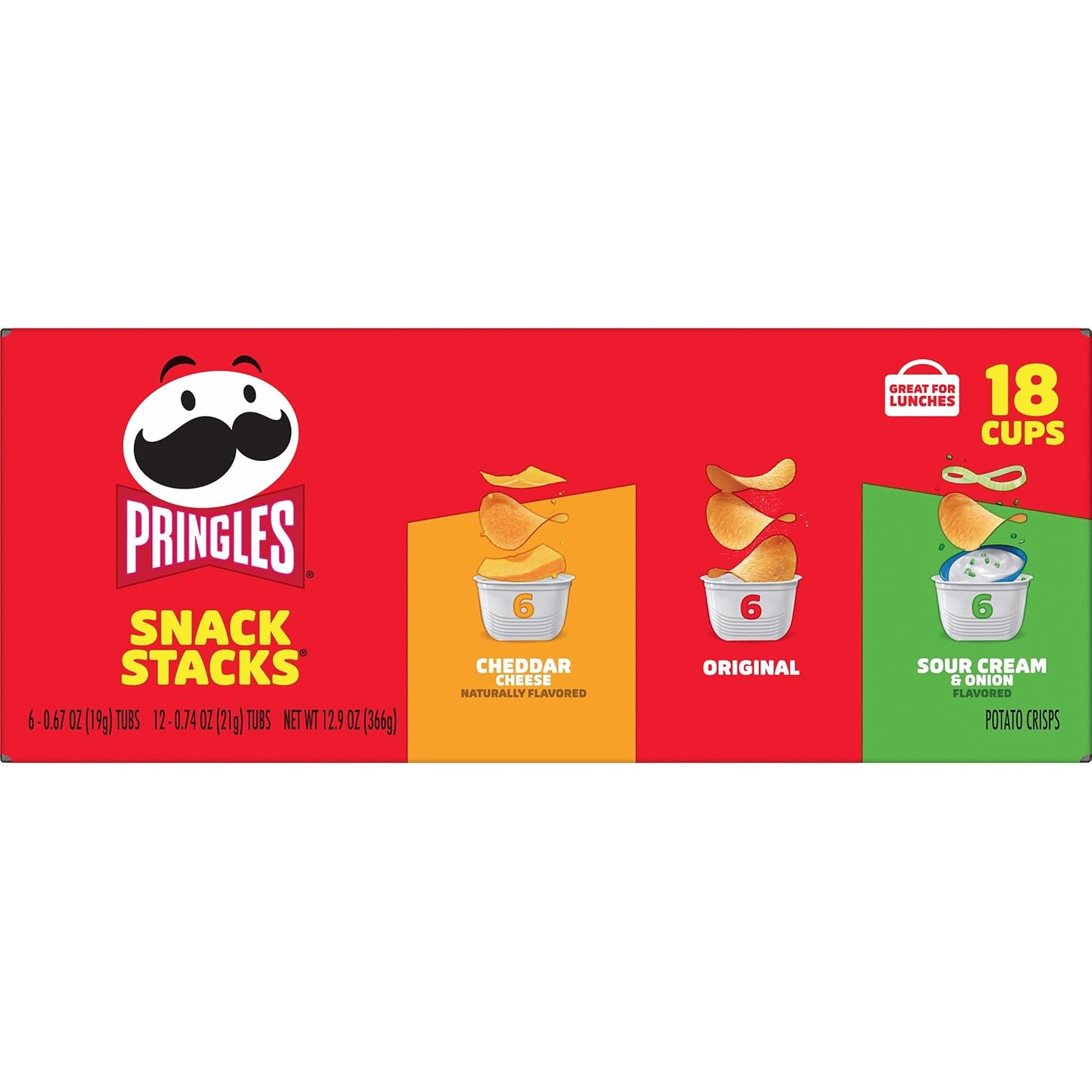 Pringles Potato Crisps Chips, Lunch Snacks, On-the-Go Snacks, Snack Stacks, Variety Pack, 12.9oz Box (18 Cups) 24hrsmart