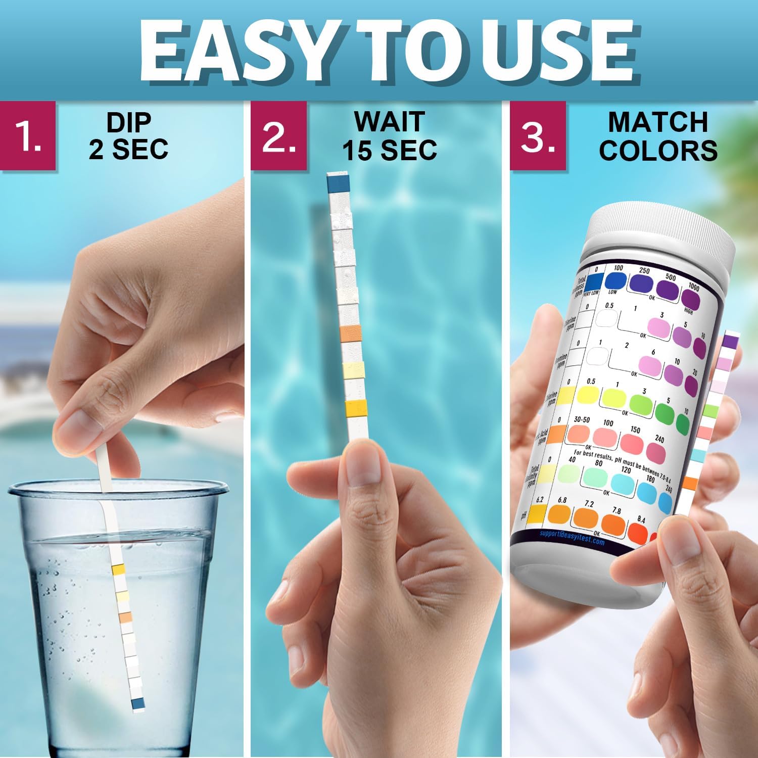 EASYTEST 7-Way Pool Test Strips, 150 Strips Water Chemical Testing for Hot tub and Spa, Accurate Test Bromine, Total Alkalinity, pH, Free Chlorine, Total Hardness, Cyanuric Acid, and Total Chlorine 24hrsmart