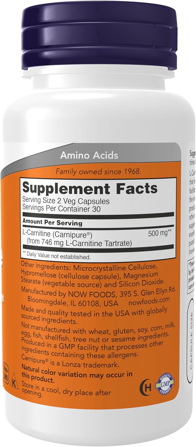 NOW Foods L-Carnitine, 250 mg, 60 Veg Capsules 24Hr Smart