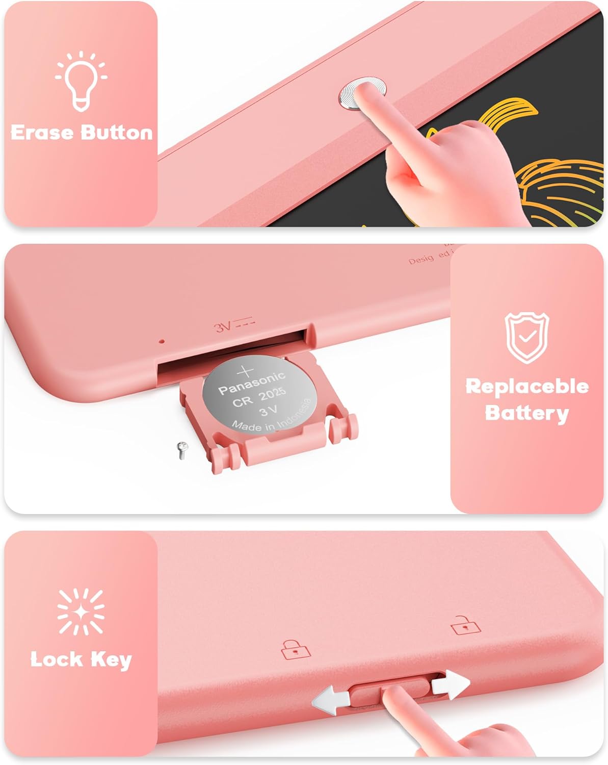 Bravokids 10 Inch LCD Writing Tablet for 3-8 Year Olds - Electronic Drawing Pad and Doodle Board as Educational Birthday Gifts for Girls and Boys (Pink) 24hrsmart