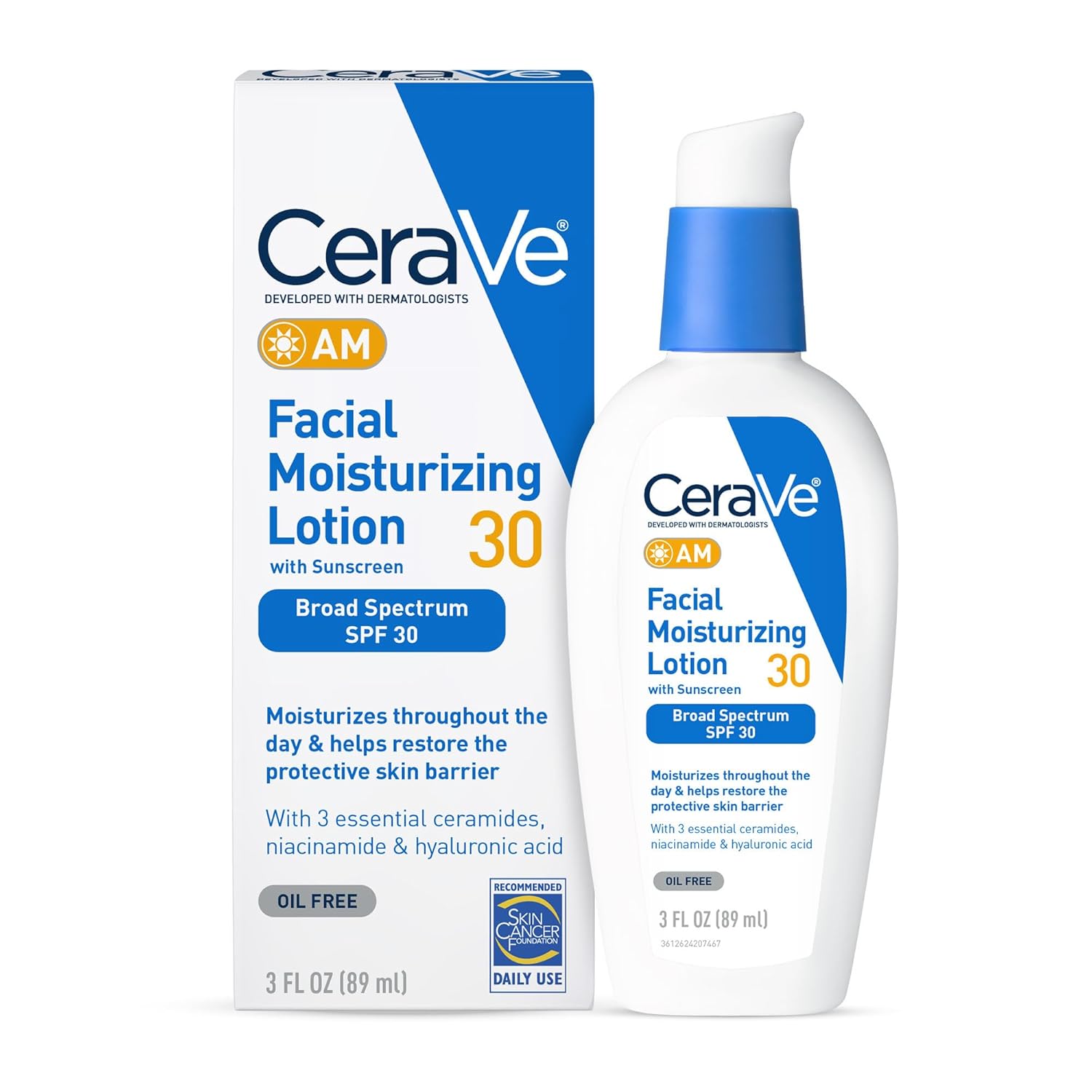 CeraVe AM Facial Moisturizing Lotion with SPF 30, Oil-Free Face Moisturizer with SPF, Formulated with Hyaluronic Acid, Niacinamide & Ceramides, Non-Comedogenic, Broad Spectrum Sunscreen, 3 Ounce 24hrsmart