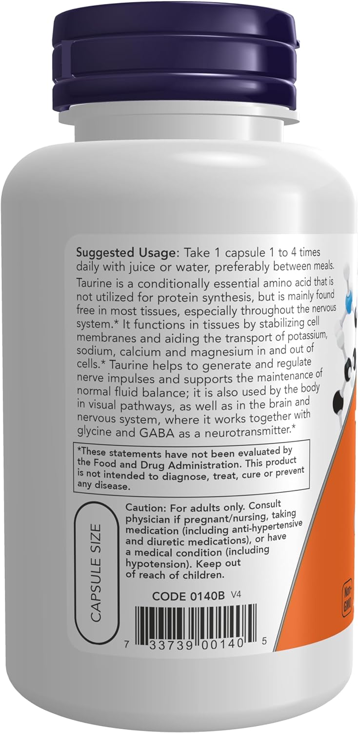 NOW Foods Taurine, 500 mg, 100 Capsules 24Hr Smart