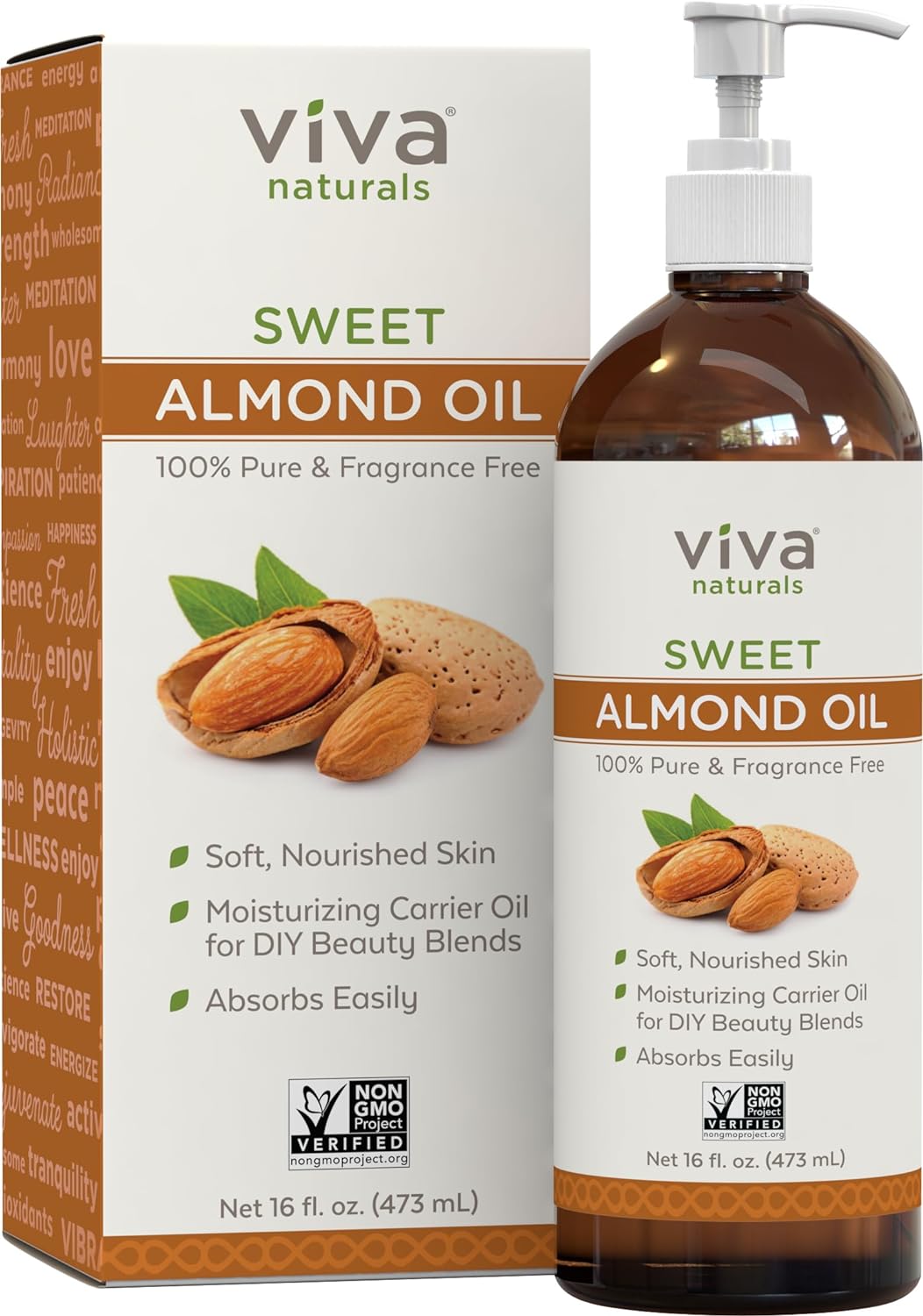 Viva Naturals Sweet Almond Oil - 100% Pure Hair and Skin Softener, Non-Greasy for Massage, Carrier Oil for Essential Oils and DIY Beauty Blends, Expeller-Pressed Almond Oil for Body, Non-GMO, 16 fl oz - 24hrsmart