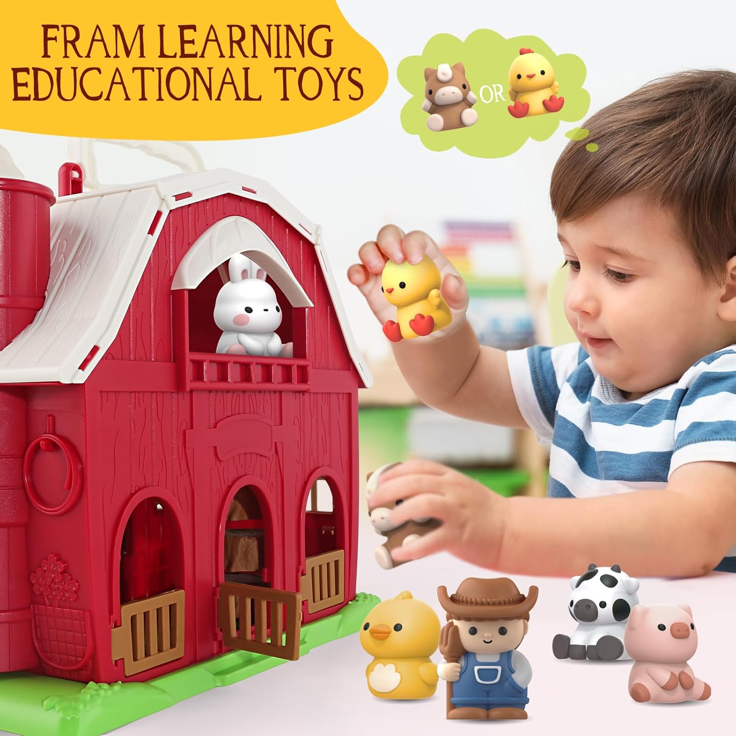 Toys for 1 2 3 Years Old Boys and Girls, Big Barn Toy with Farm Animal, Preschool Montessori Toy, Farm Playset with Big Red Barn & Farmer 24hrsmart