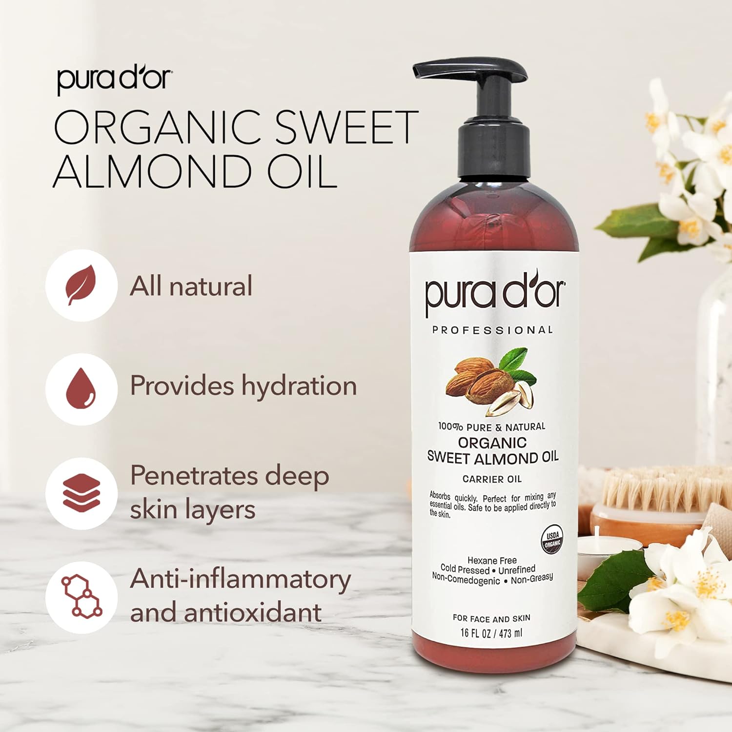 PURA D'OR Organic Sweet Almond Oil (16oz) USDA Certified 100% Pure & Natural Carrier Oil - Hexane Free - Skin & Face - Facial Polish, Full Body, Massages, DIY Base (Packaging may vary) - 24hrsmart