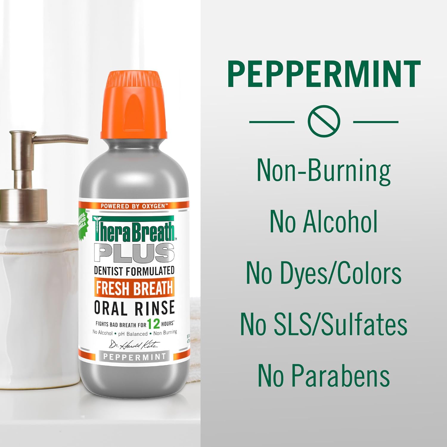 TheraBreath Fresh Breath PLUS Mouthwash, Peppermint Flavor, Alcohol-Free, 16 Fl Oz (Pack of 2) - 24hrsmart