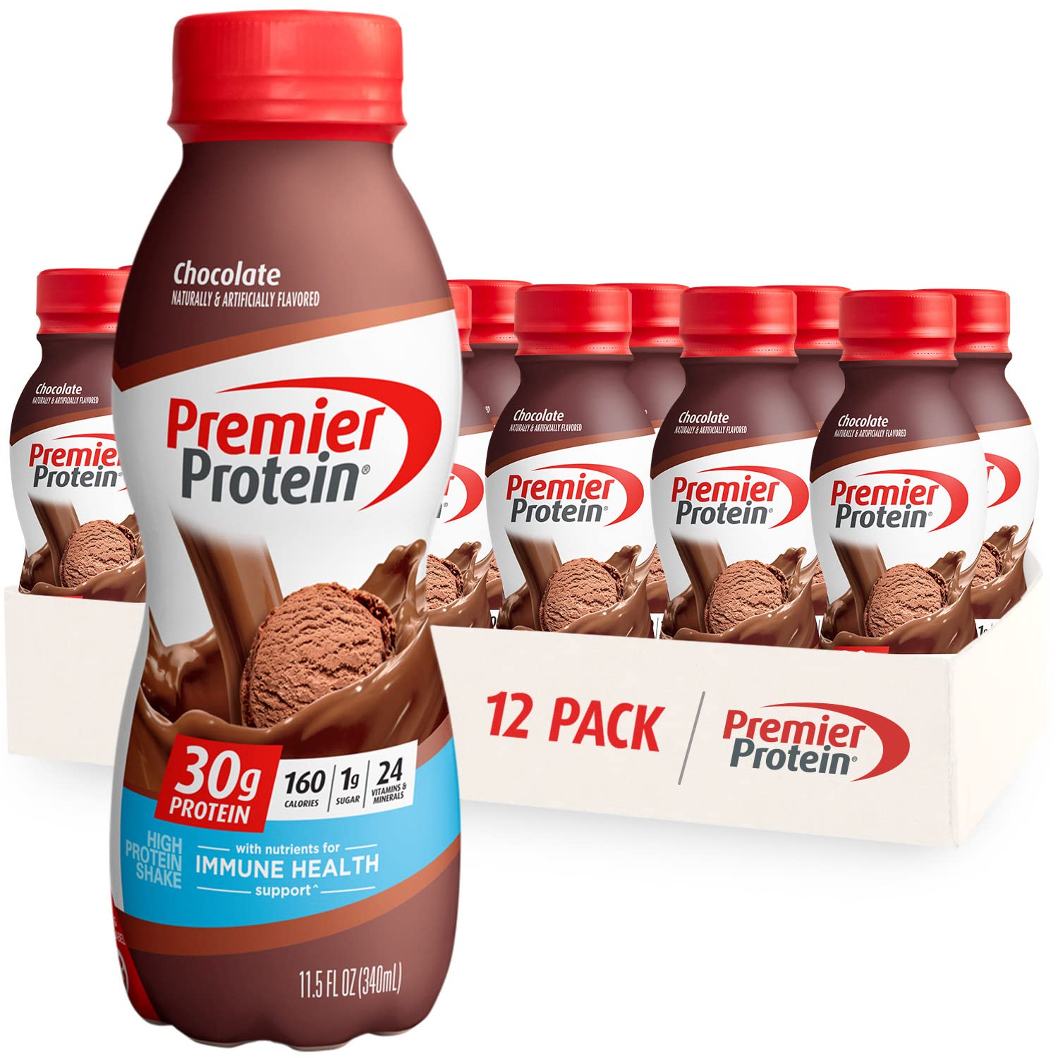 Premier Protein Shake 30g Protein 1g Sugar 24 Vitamins Minerals Nutrients to Support Immune Health For keto diet , Chocolate, 11.5 Fl Oz (Pack of 12), Liquid,Powder, Bottle 24Hr Smart