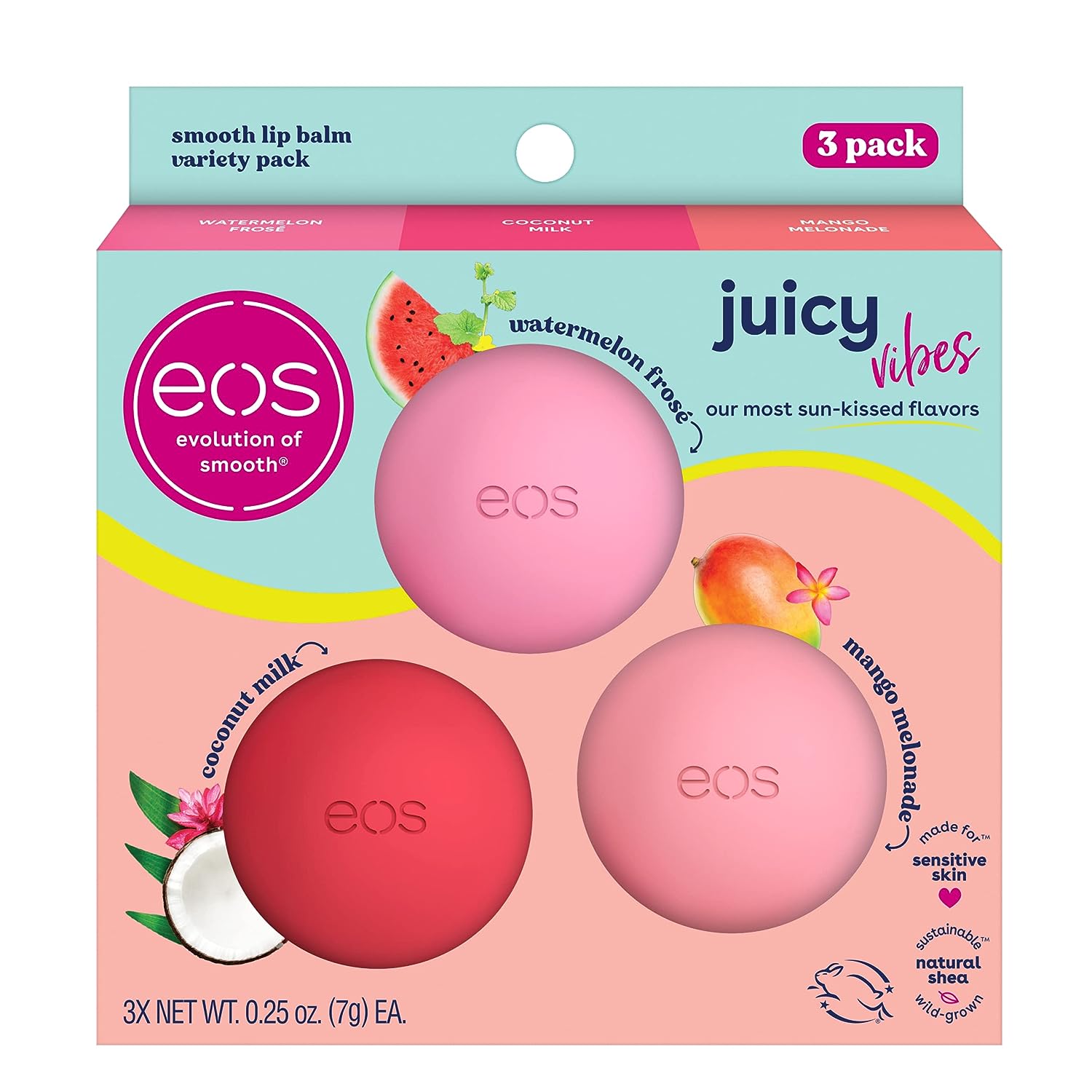 eos Juicy Vibes Lip Balm Variety Pack- Watermelon Frosé, Mango Melonade & Coconut Milk, All-Day Moisture Lip Care Products, 0.25 oz, 3-Pack - 24hrsmart