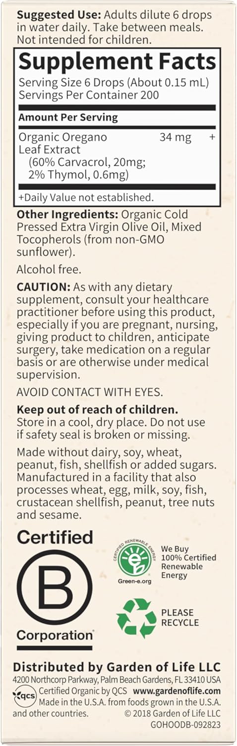 Garden of Life Organics Oil of Oregano Seasonal Drops 1fl oz (30 mL) Liquid, Concentrated Plant Based Immune Support - Alcohol-Free, Organic, Non-GMO, Vegan & Gluten Free Herbal Supplements 24hrsmart