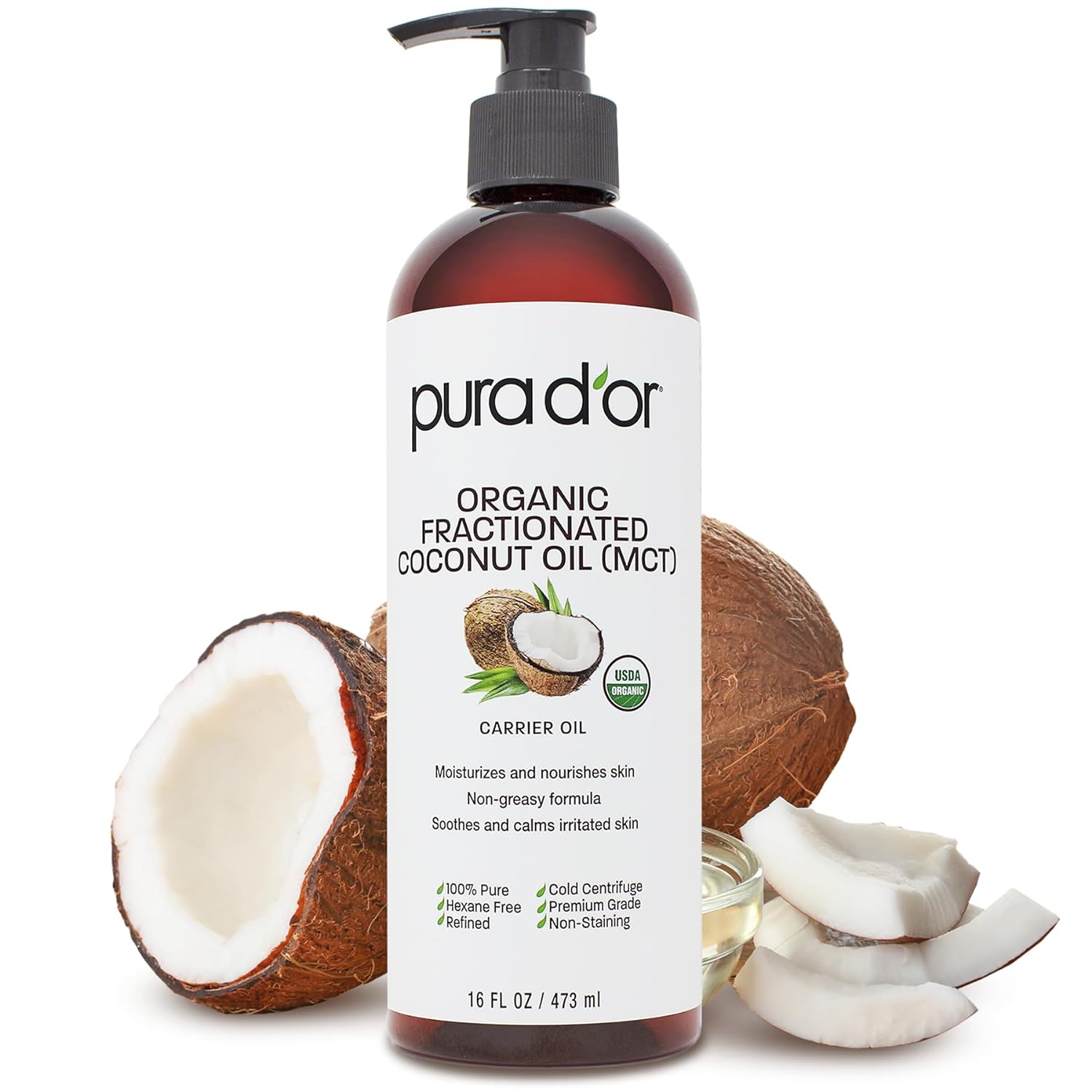 PURA D'OR 16 Oz Organic Fractionated Coconut Oil - 100% Pure & Natural USDA Certified Cold Pressed Carrier Oil, Scent-Free - Aciete De Coco Liquid Moisturizer For Face Skin & Hair, Men & Women - 24hrsmart