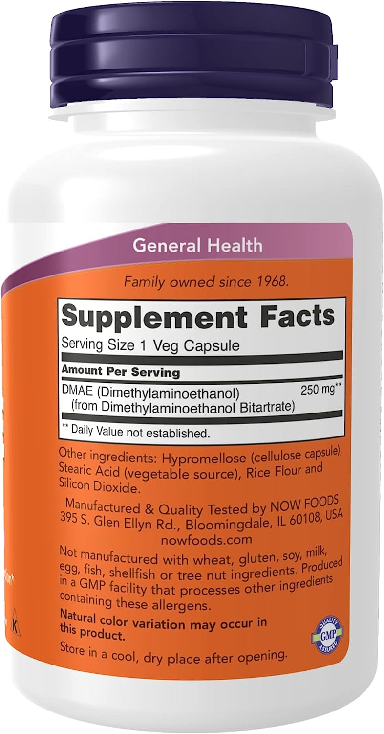 NOW Foods DMAE 250 mg, 100 Veg Capsules 24Hr Smart