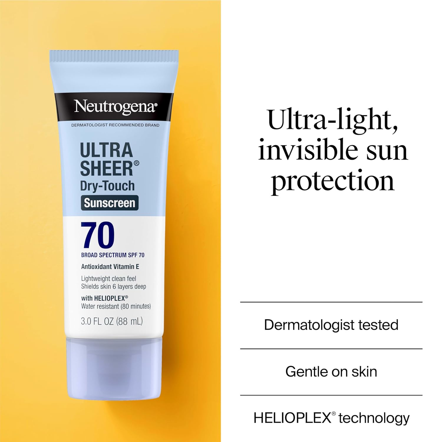 Neutrogena Ultra Sheer Dry-Touch Water Resistant and Non-Greasy Sunscreen Lotion with Broad Spectrum SPF 70, 3 Fl Oz (Pack of 1) 24Hr Smart