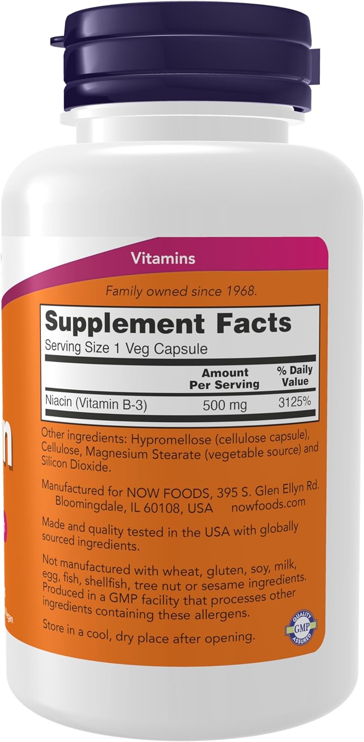 NOW Foods Niacin, 500 mg, 100 Capsules 24Hr Smart