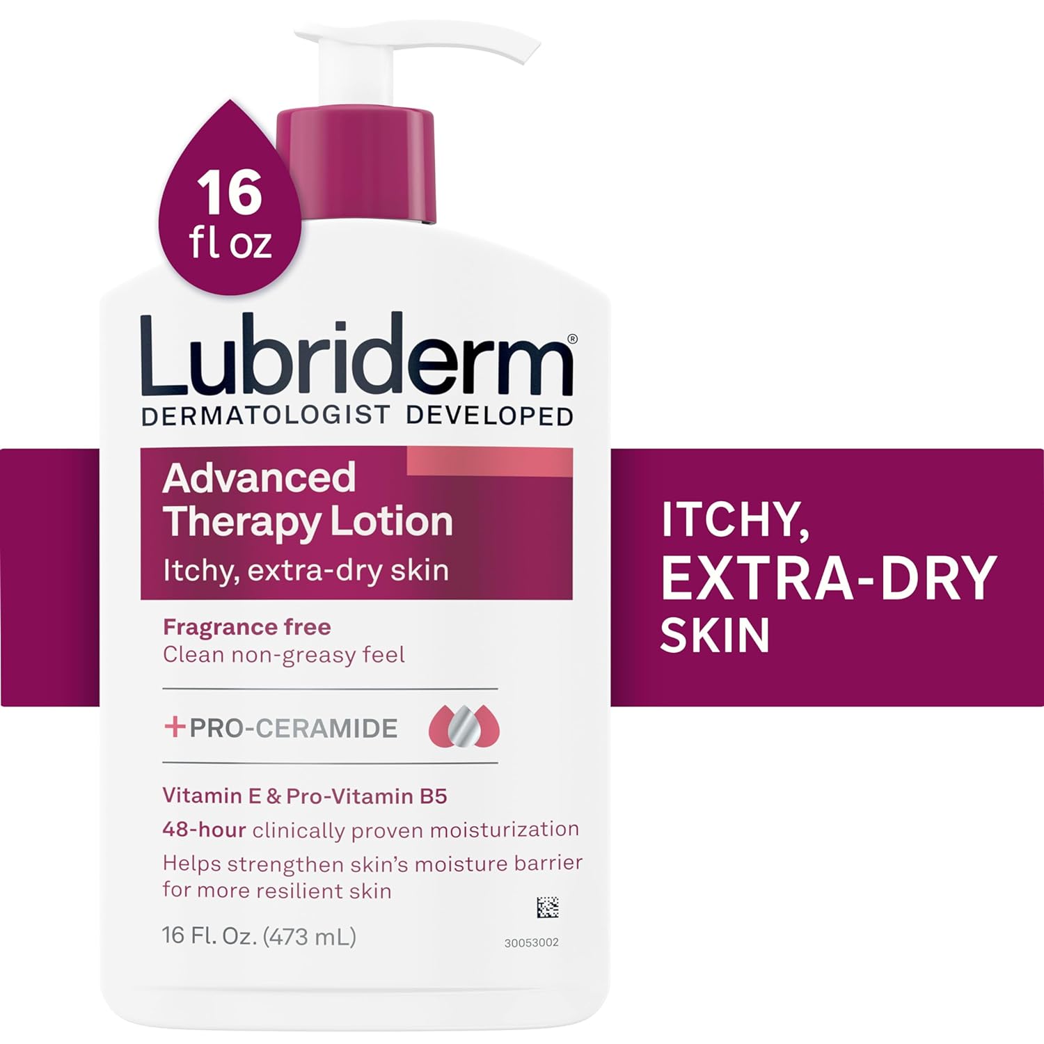 Lubriderm Advanced Therapy Fragrance Free Moisturizing Hand & Body Lotion + Pro-Ceramide with Vitamins E & Pro-Vitamin B5, Intense Hydration for Itchy, Extra Dry Skin, Non-Greasy, 16 fl. oz - 24hrsmart
