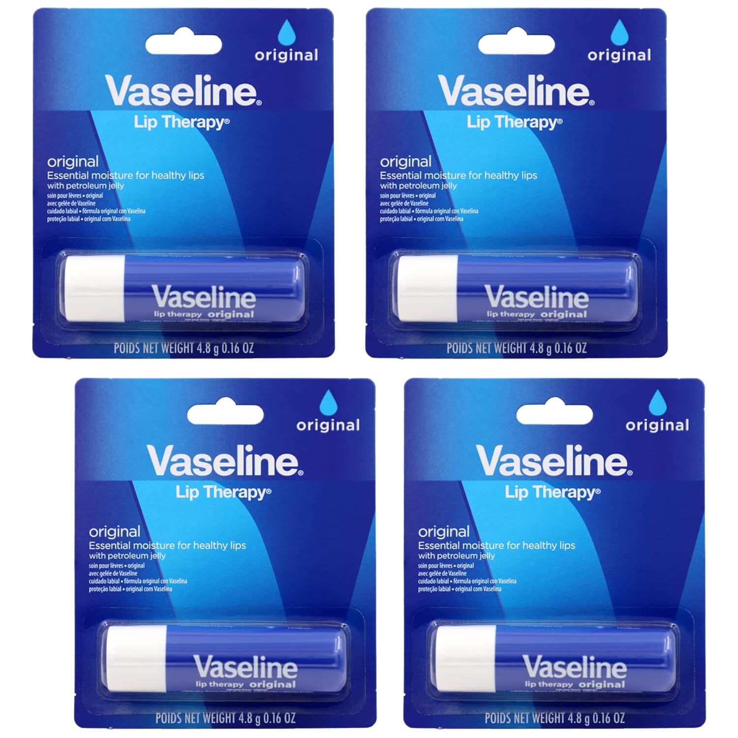 Vaseline Lip Therapy Care Original, Fast-Acting Nourishment, Ideal for Chapped, Dry, Cracked, or Damaged Lips, Lip Balm, 4-Pack, 0.16 Oz Each - 24hrsmart
