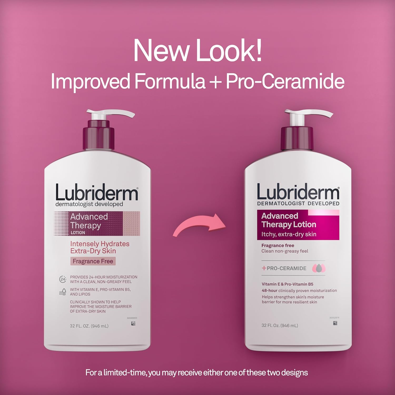 Lubriderm Advanced Therapy Fragrance Free Moisturizing Hand & Body Lotion + Pro-Ceramide with Vitamins E & Pro-Vitamin B5, Intense Hydration for Itchy, Extra Dry Skin, Non-Greasy, 32 fl. oz - 24hrsmart