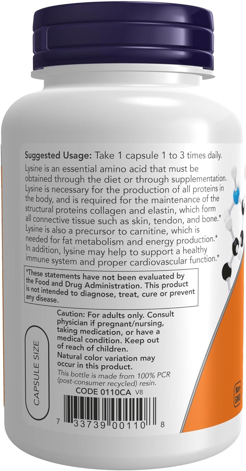 NOW Foods L-Lysine, 500 mg, 100 Tablets - Collagen Synthesis & Immune Function 24Hr Smart