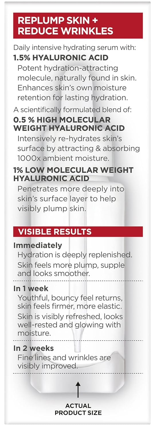 L’Oréal Paris Revitalift 1.5% Pure Hyaluronic Acid Face Serum, Hydrate & Reduce Wrinkles, Fragrance Free 1 oz 24Hr Smart