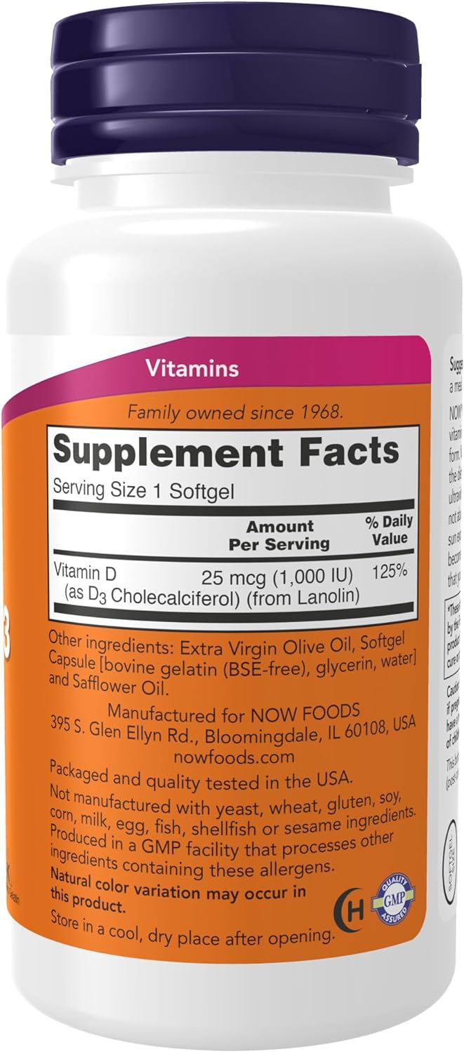 NOW Foods Vitamin D-3, 1000 IU, 180 Softgels 24Hr Smart