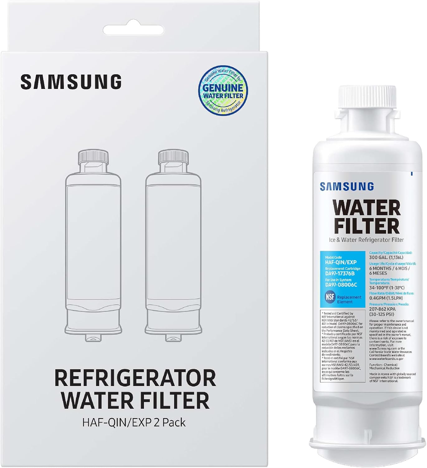 SAMSUNG Genuine Filter for Refrigerator Water and Ice, Carbon Block Filtration, Reduces 99% of Harmful Contaminants for Clean, Clear Drinking Water, 6-Month Life, HAF-QIN/EXP 24Hr Smart