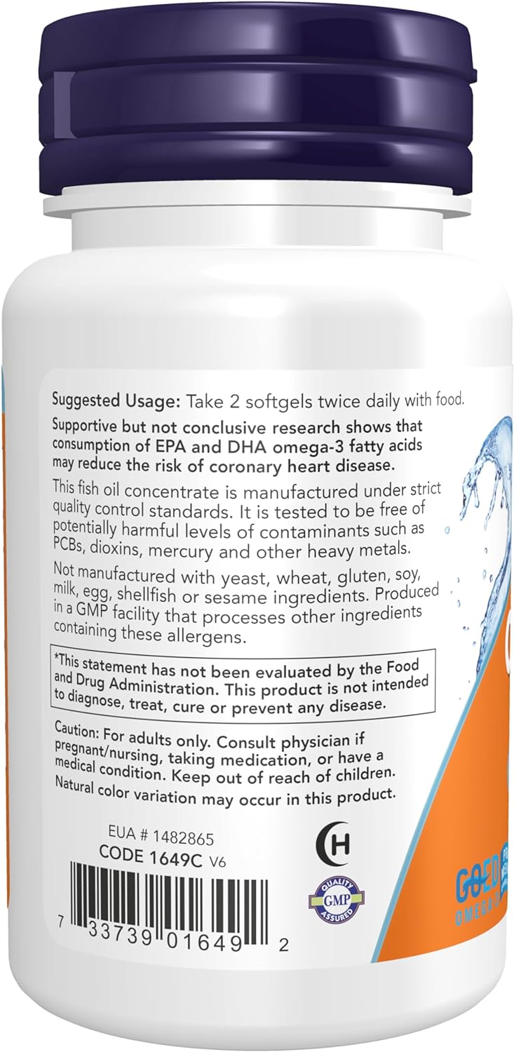 NOW Foods Omega-3 Fish Oil, 1000 mg, 30 Softgels 24Hr Smart