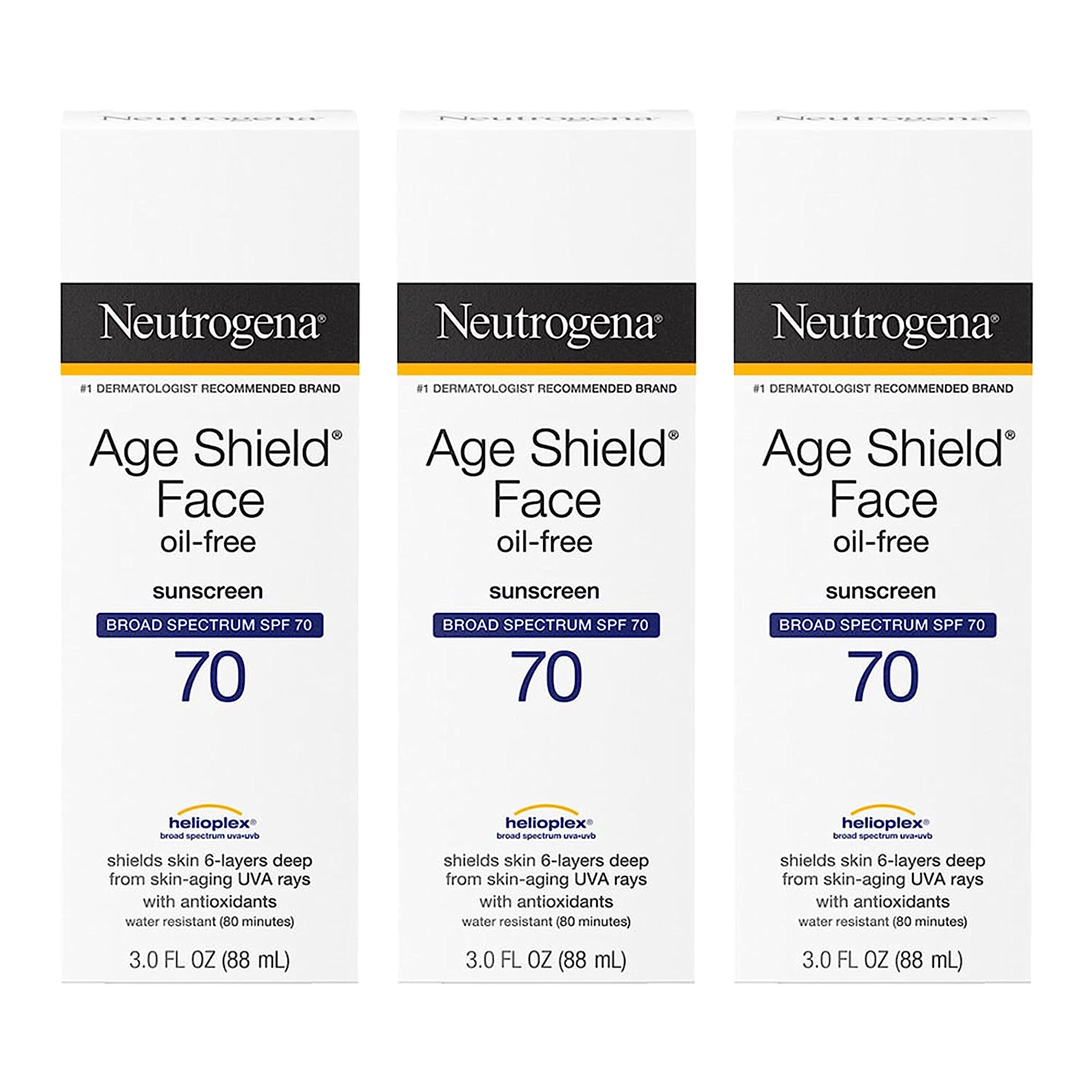 Neutrogena Age Shield Face Oil-Free Sunscreen Lotion with Broad Spectrum SPF 70, Non-Comedogenic Moisturizing Sunscreen to Help Prevent Signs of Aging, PABA-Free, 3 fl. oz (Pack of 3) - 24hrsmart