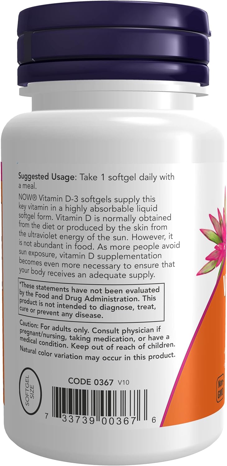 NOW Foods Vitamin D-3, 2000 IU, 120 Softgels 24Hr Smart