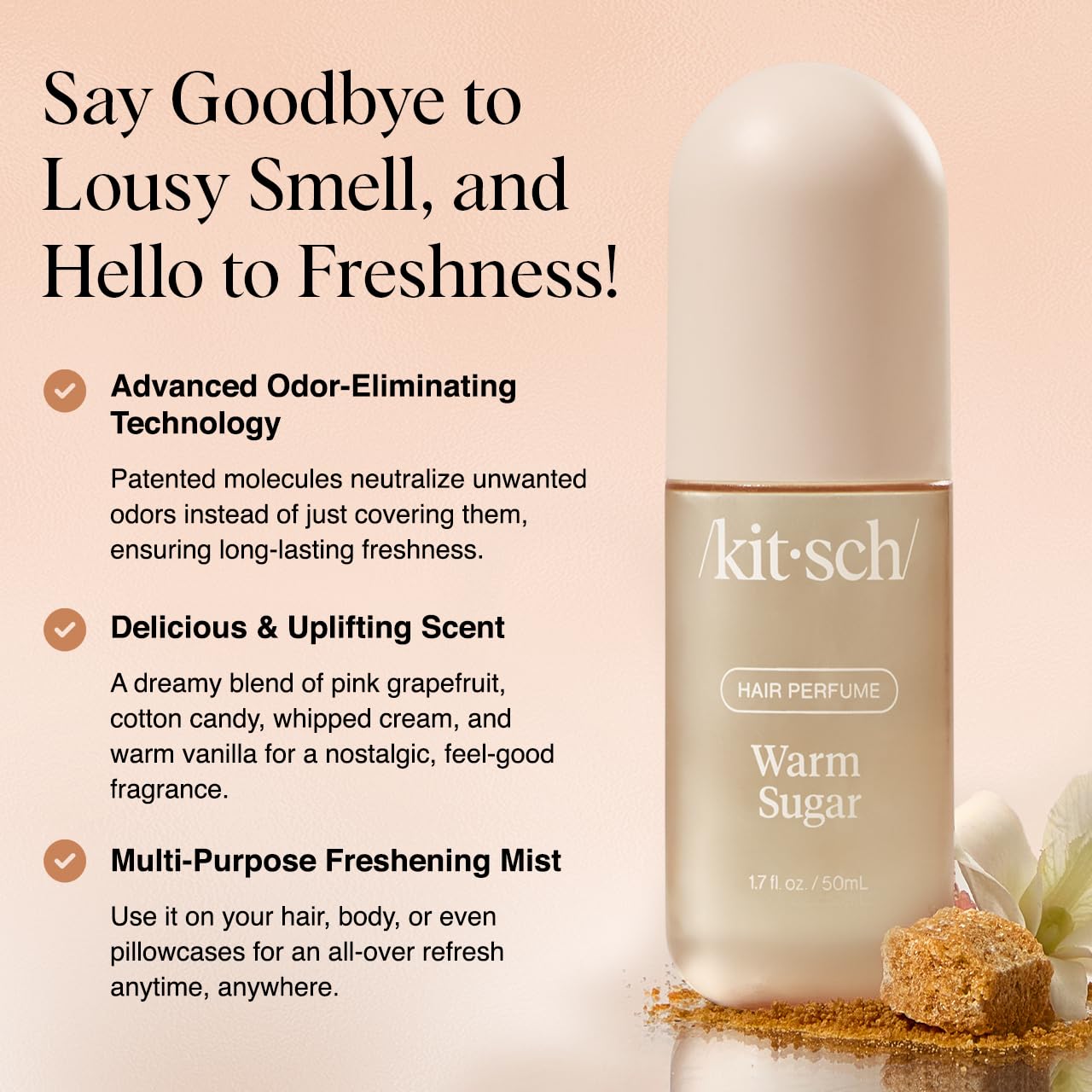 Kitsch Warm Sugar Hair Perfume For Women - Clean, Deodorizing, and Patented Odor-Eliminating Technology, Body Mist - Freshen Hair, Body & Pillows - Sweet Pink Grapefruit & Warm Vanilla Scent - 50ml 24Hr Smart